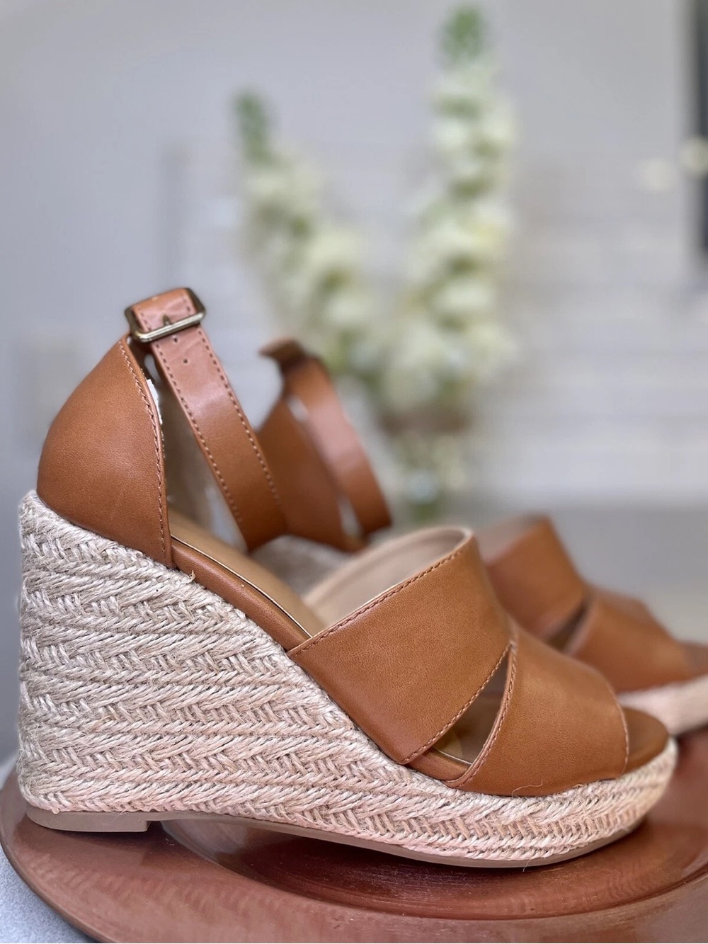 Time and Tru Tan Espadrille Wedge Sandals with Ankle Strap